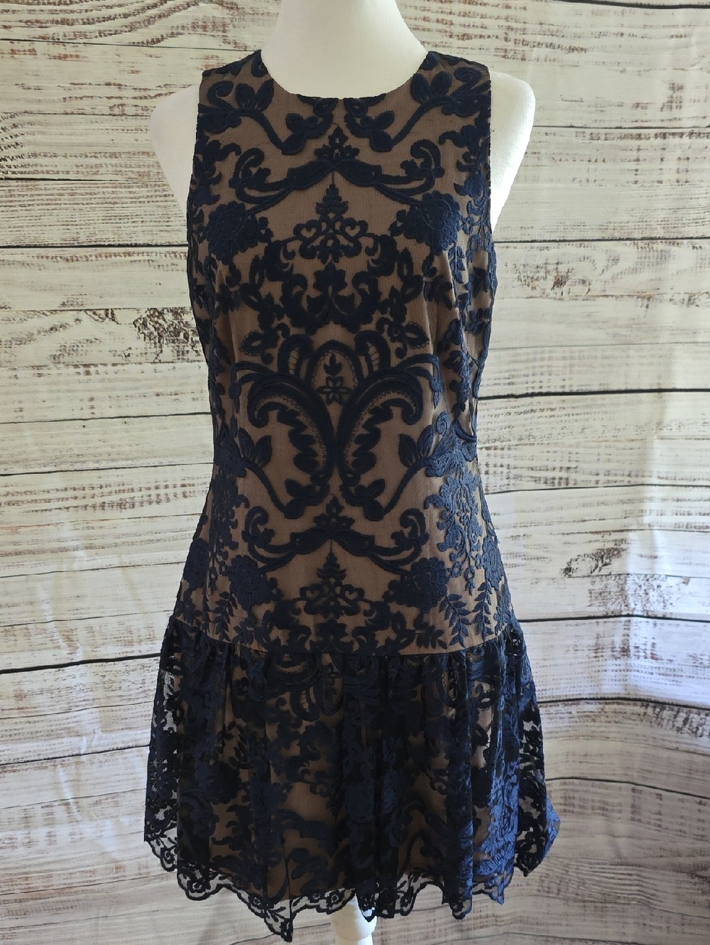 ML Monique Lhuillier Navy Lace Overlay Drop-Waist Dress Size 8 - Picture 4 of 12